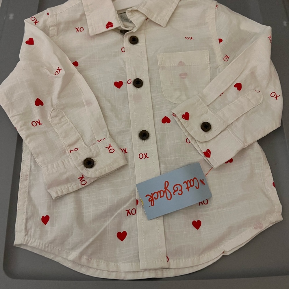 Cat and Jack Off White Button Up Shirt with Red Hearts and XO Size 12M NWT